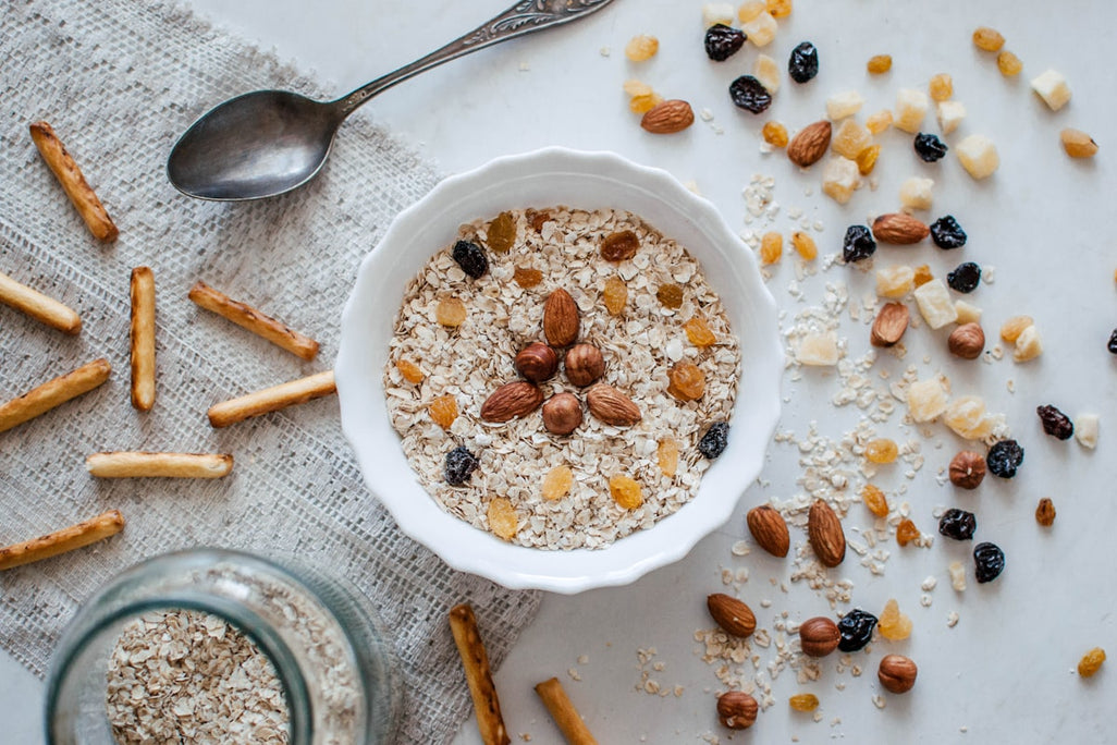 Nuts and granola cereal in a bowl - healthy vegetarian office snacks