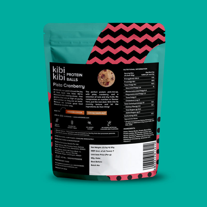 Pista Cranberry protein balls pack back label showing nutrition information