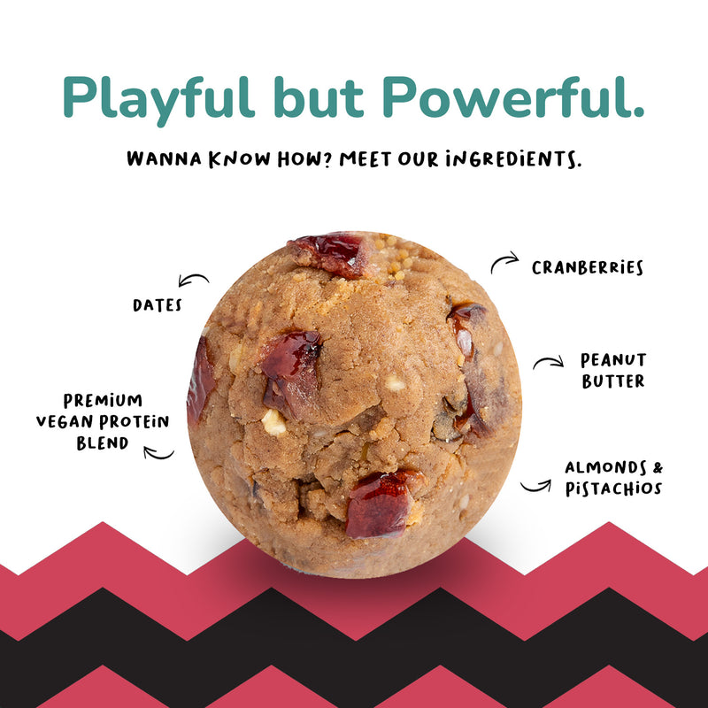 Pista Cranberry protein balls ingredients – pistachios, cranberry, dates, pea protein, rice protein