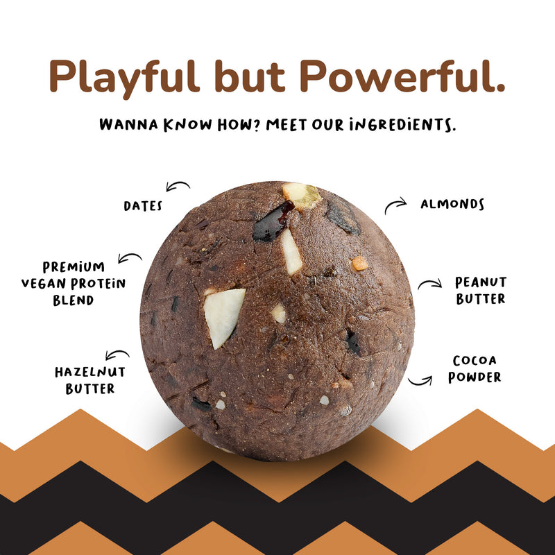 Cocoa Hazelnut protein balls ingredients – hazelnuts, cocoa butter, dates, pea protein, rice protein