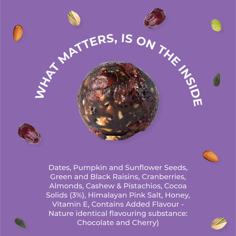 Cocoa Cherry Carnival bliss balls ingredients – dates, cocoa, cranberries, almonds, cashews, pistachios