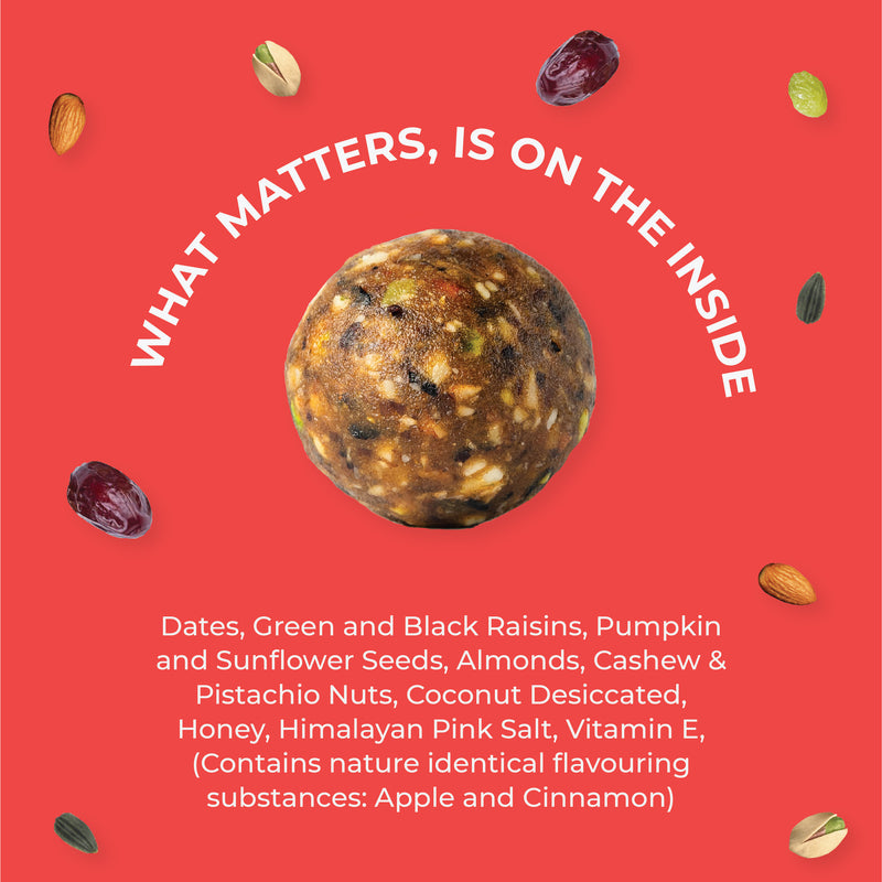 Apple Cinnamon Cheer bliss balls ingredients – dates, almonds, cashews, pistachios, coconut